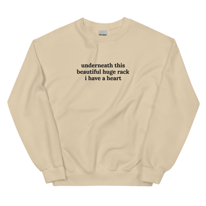 UNDERNEATH THIS BEAUTIFUL HUGE RACK I HAVE A HEART SWEATSHIRT (FRONT EMBROIDERY)