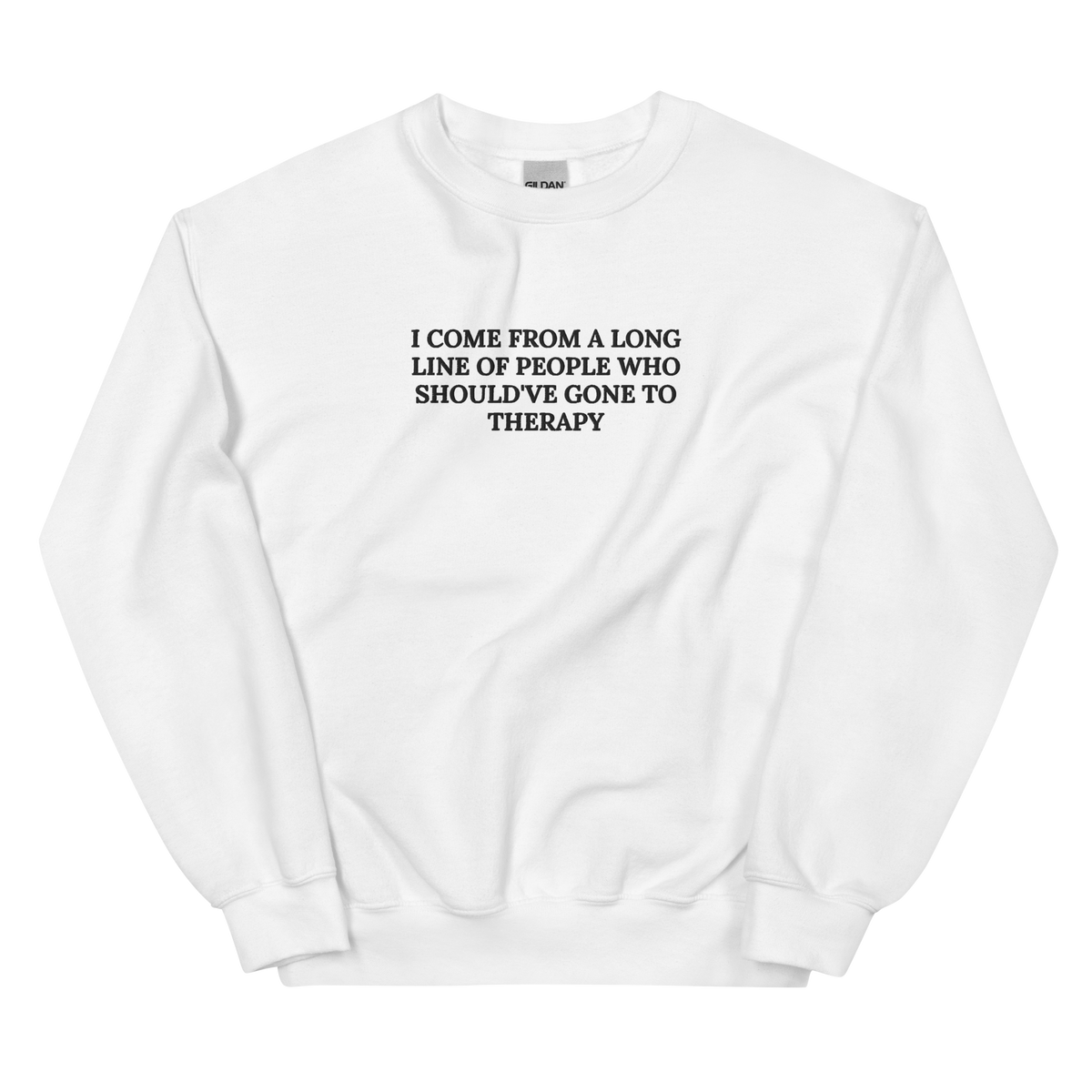 I COME FROM A LONG LINE OF PEOPLE WHO SHOULD’VE GONE TO THERAPY SWEATSHIRT (FRONT EMBROIDERY)